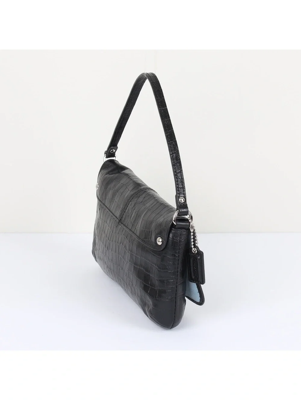 Coach Black Crocodile Embossed Leather Small Bag Silver Script Logo